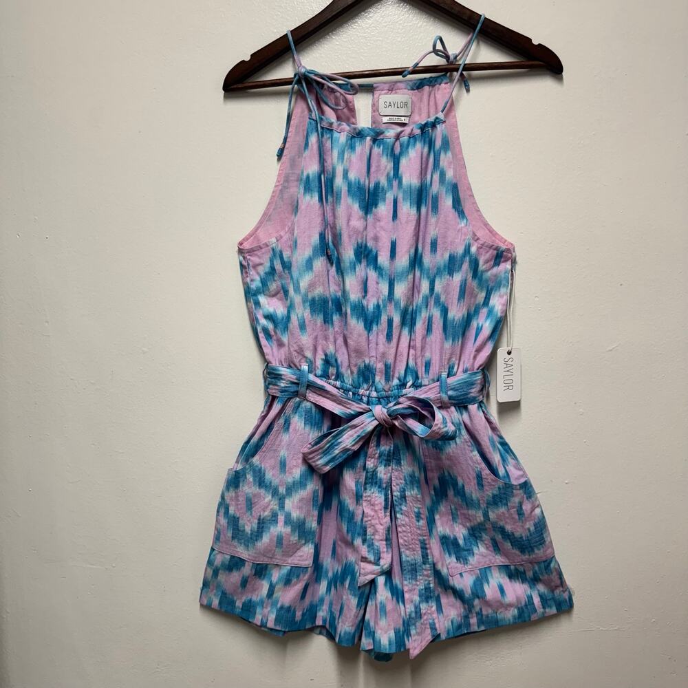 SAYLOR Krystal Romper S Pink Blue Ikat Tie Belt Pocket NWT Cotton Beach Vacation